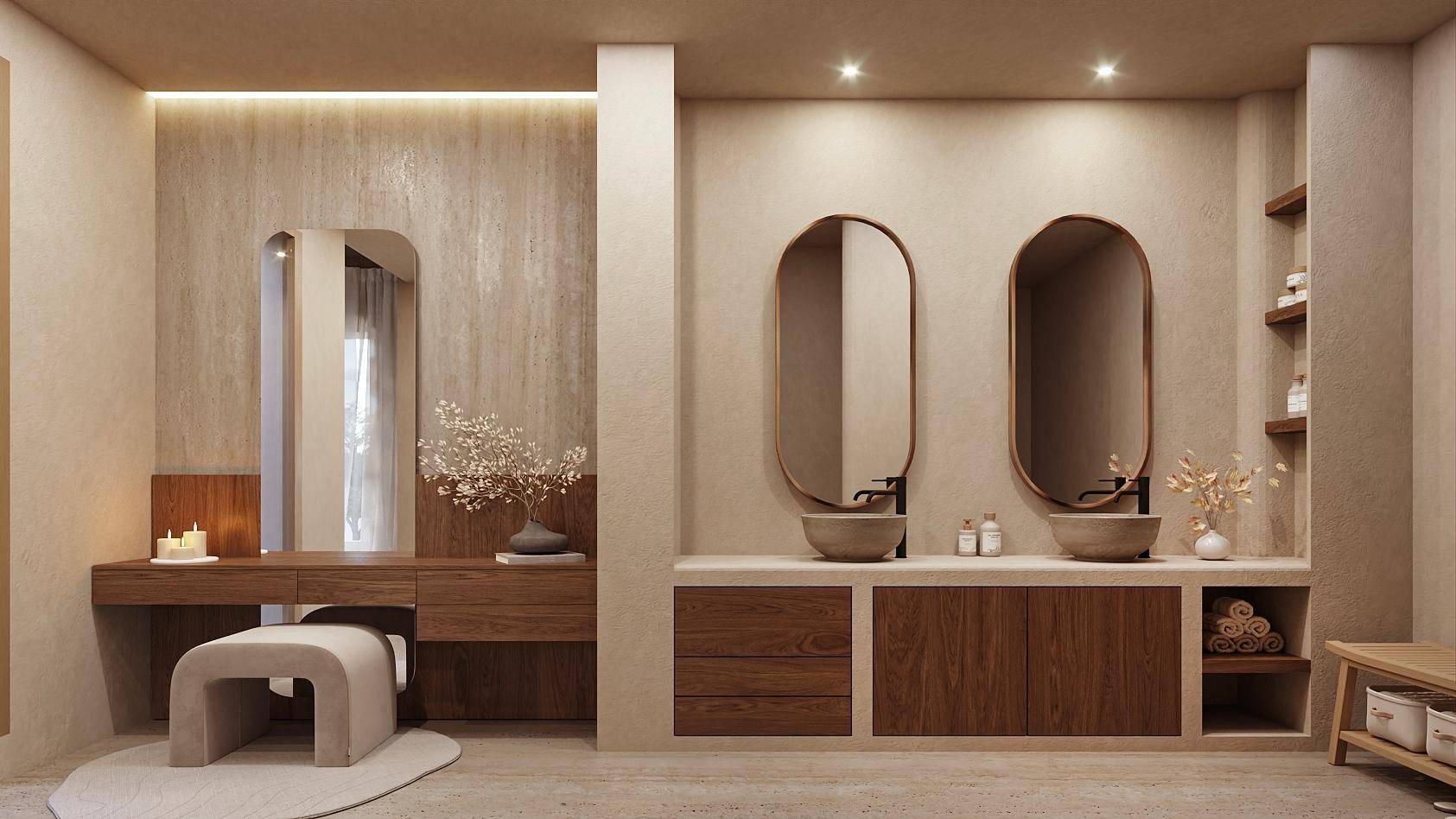 Luxuriöses Badezimmer mit Doppelwaschbecken, Holzunterschränken und separatem Schminkbereich.