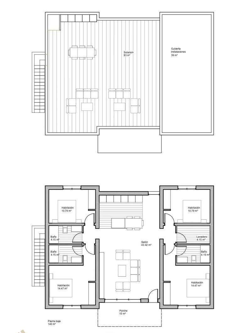 Detaillierter Grundrissplan mit Erdgeschoss und großzügigem Solarium auf dem Dach.
