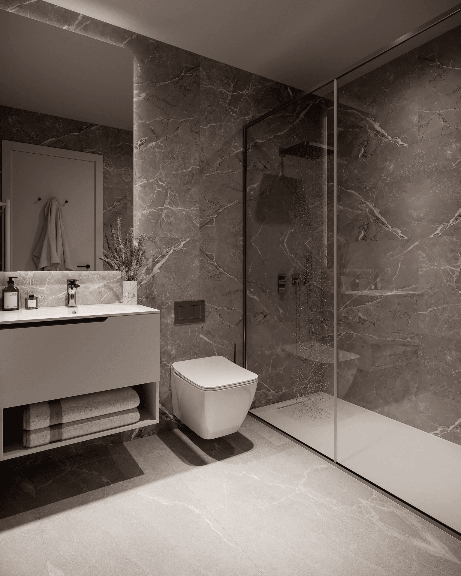 Elegantes Badezimmer mit dunklen Marmorfliesen, begehbarer Dusche und schwebendem Waschtischunterschrank.