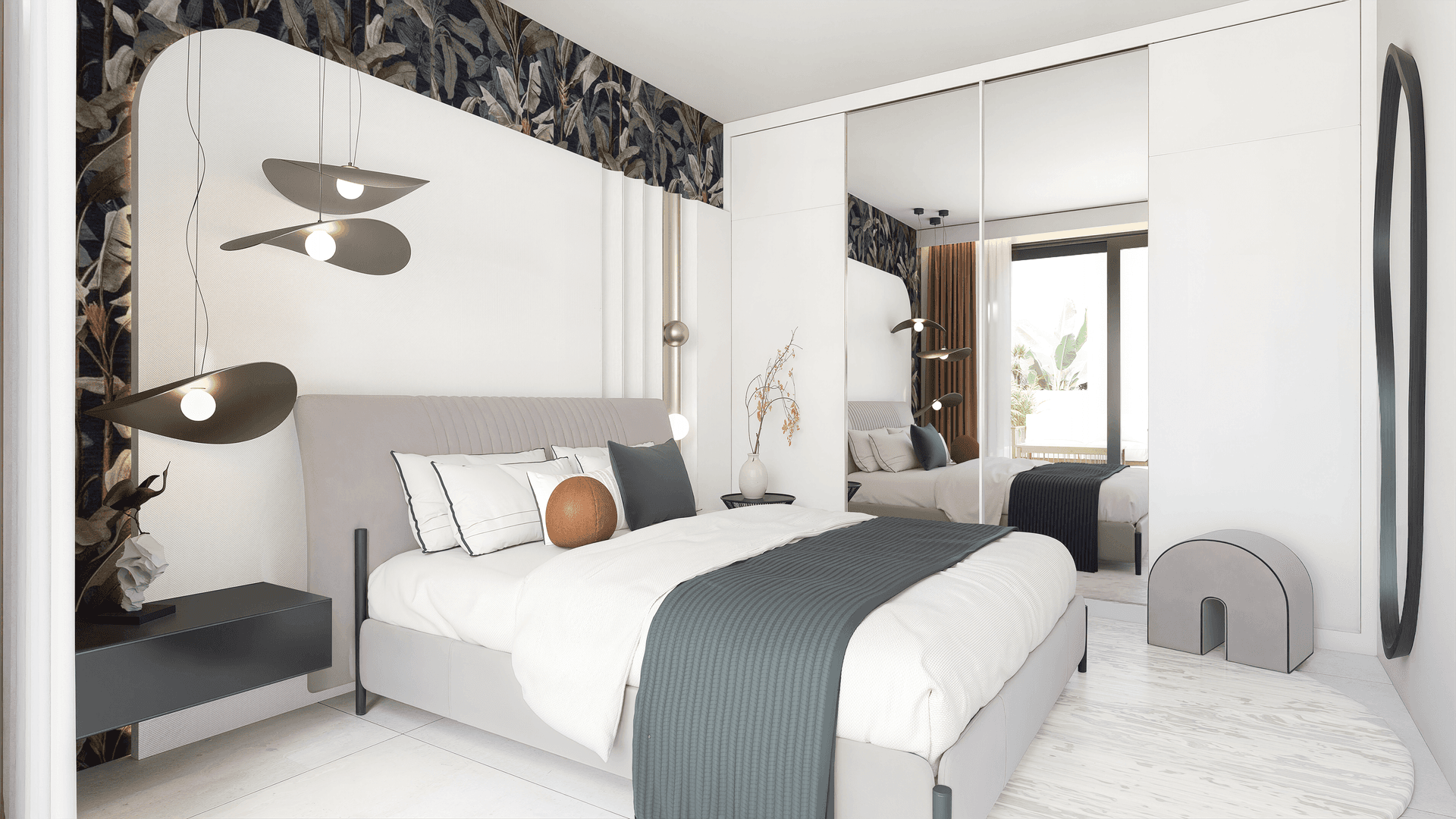 Modernes Schlafzimmer mit großem Bett, Spiegelschränken und dekorativer Tapete in dunklen Farbtönen.