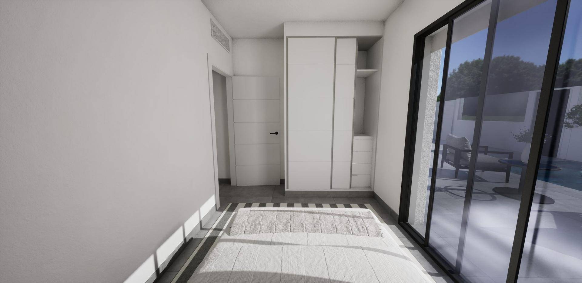 Helles Schlafzimmer mit Einbauschrank und großen Schiebetüren zum Außenbereich.