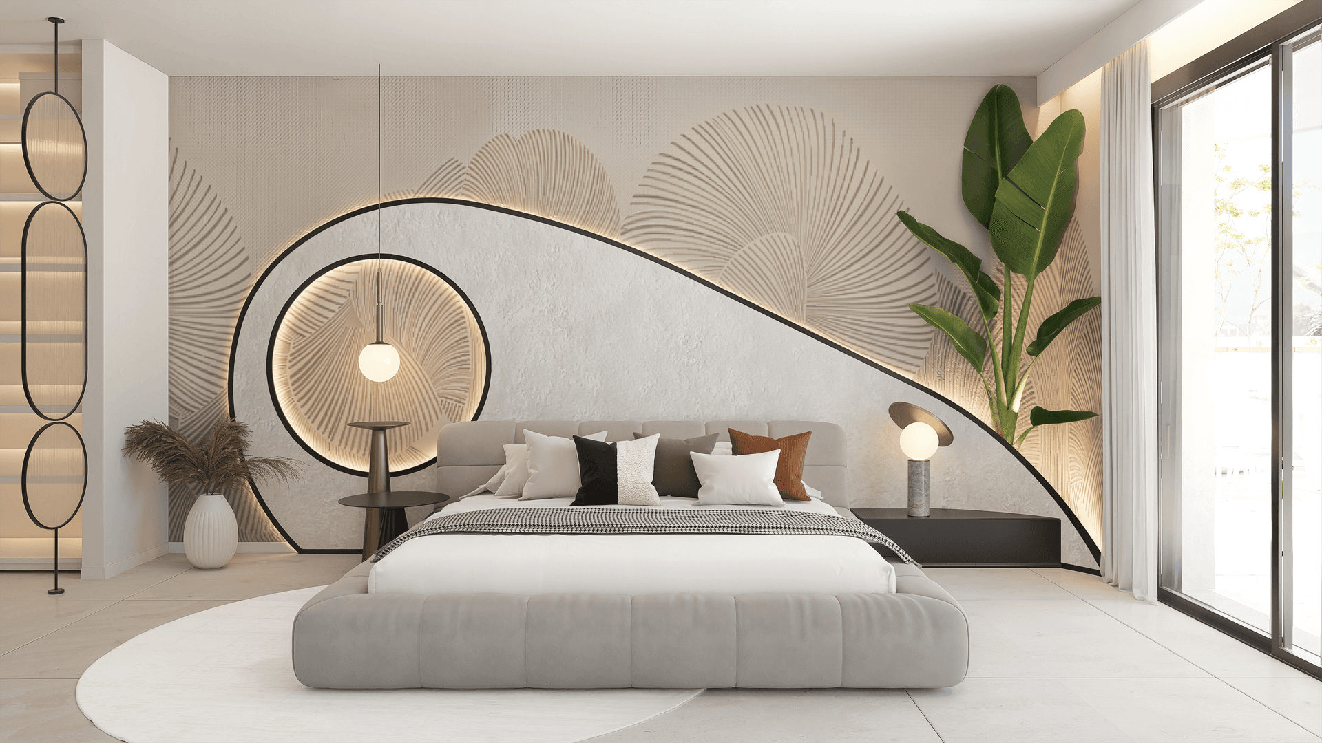 Stilvolles Schlafzimmer mit modernem Bett, kunstvoller Wandgestaltung und indirekter Beleuchtung.