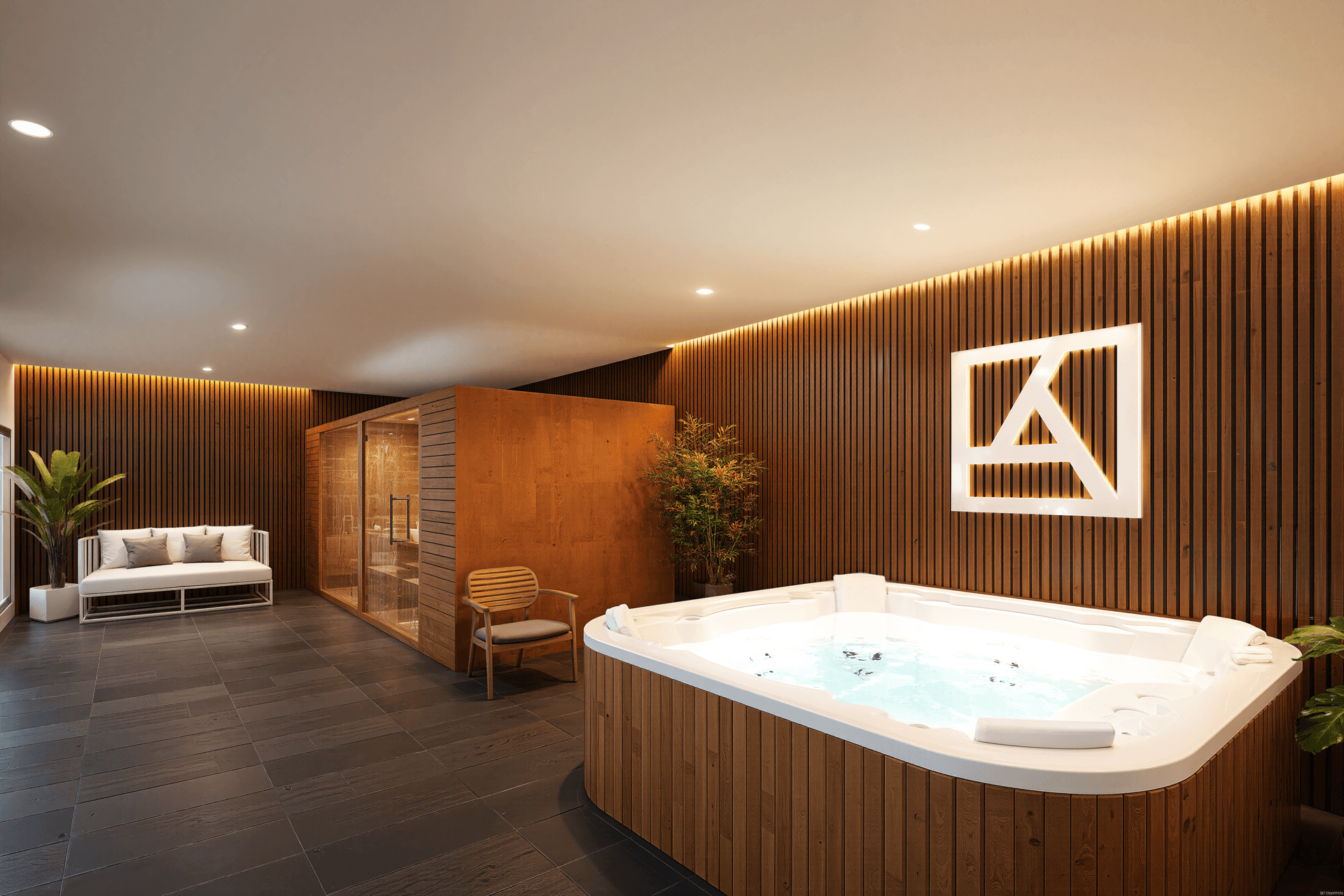Moderner Wellnessbereich mit Whirlpool, Sauna und stilvoller Holzverkleidung für Entspannung.