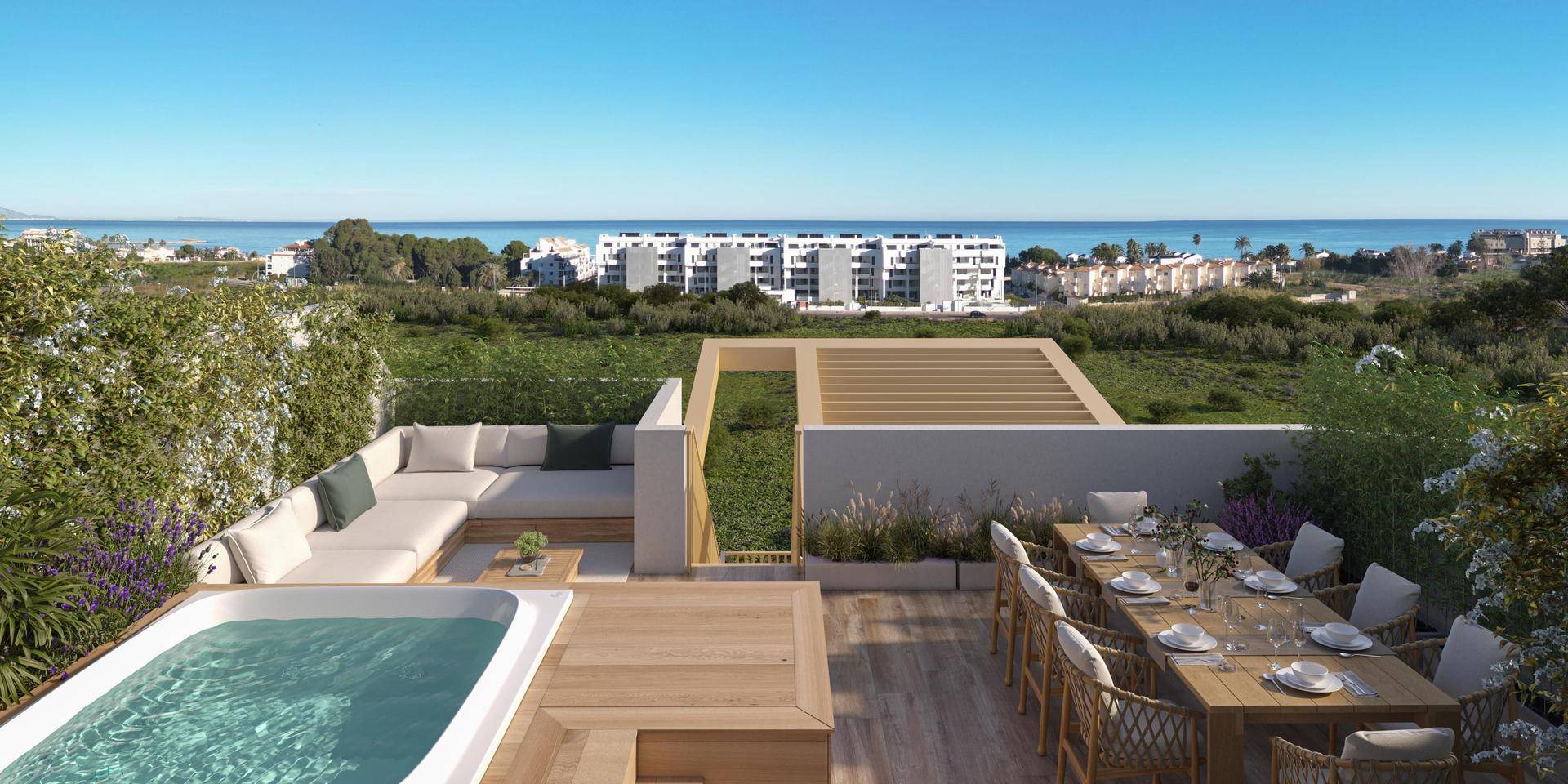 Geräumige Dachterrasse mit Whirlpool, Essbereich und weitem Meerblick.