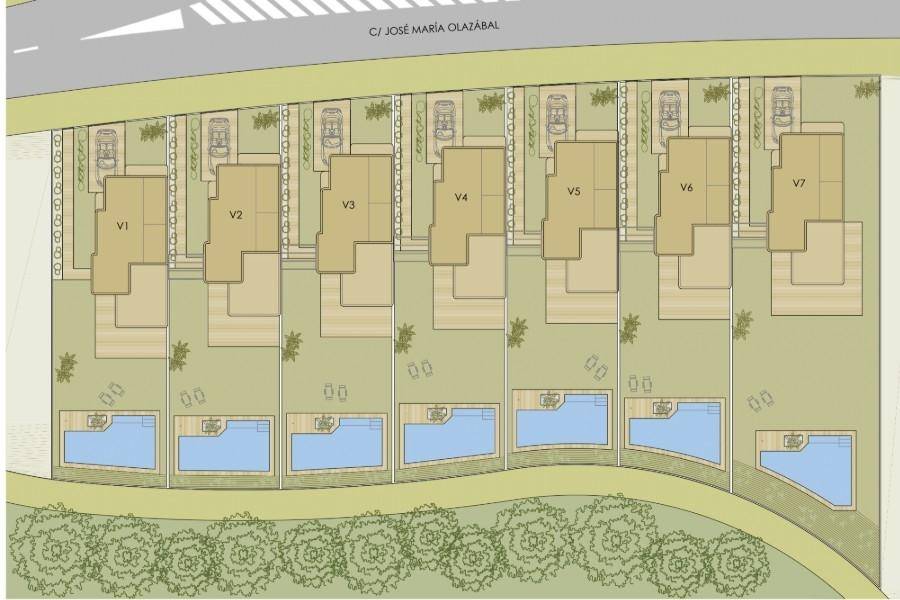 Übersichtsplan mit sieben modernen Villen, jeweils mit privatem Pool und Parkplätzen.