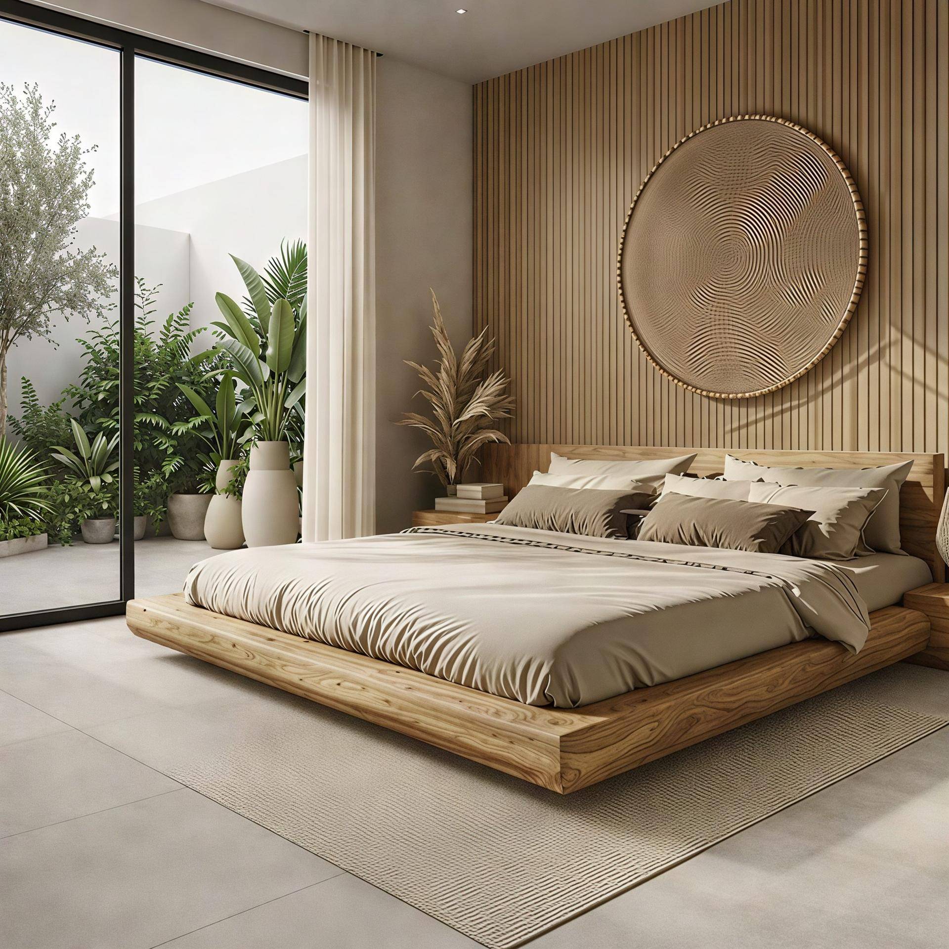 Helles Schlafzimmer mit Holzbett, vertikalen Holzpaneelen und direktem Zugang zum Garten.