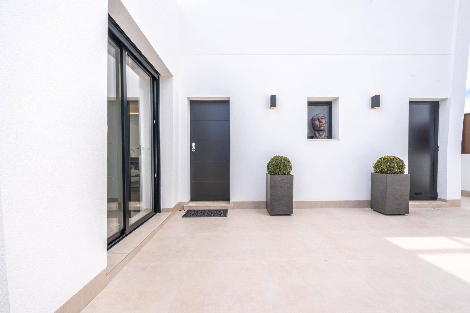 Eingangsbereich auf der Dachterrasse mit modernen Türen und dekorativen Pflanzen.