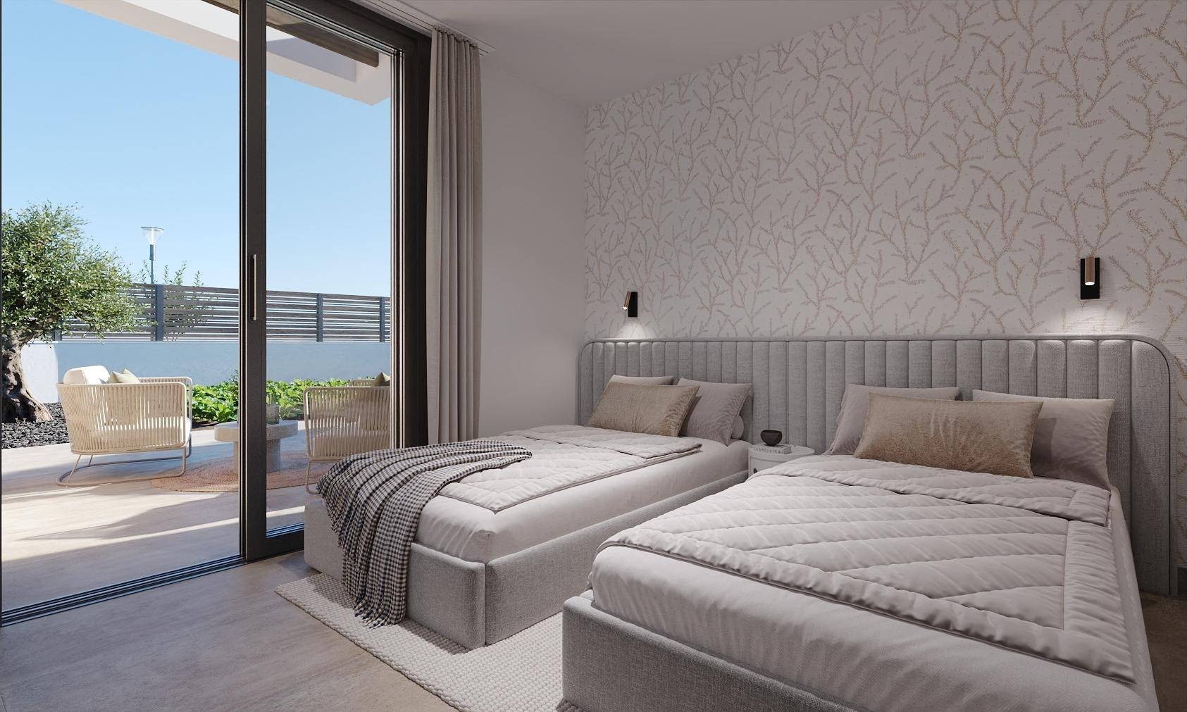 Freundliches Schlafzimmer mit zwei Einzelbetten, moderner Einrichtung und direktem Terrassenzugang.