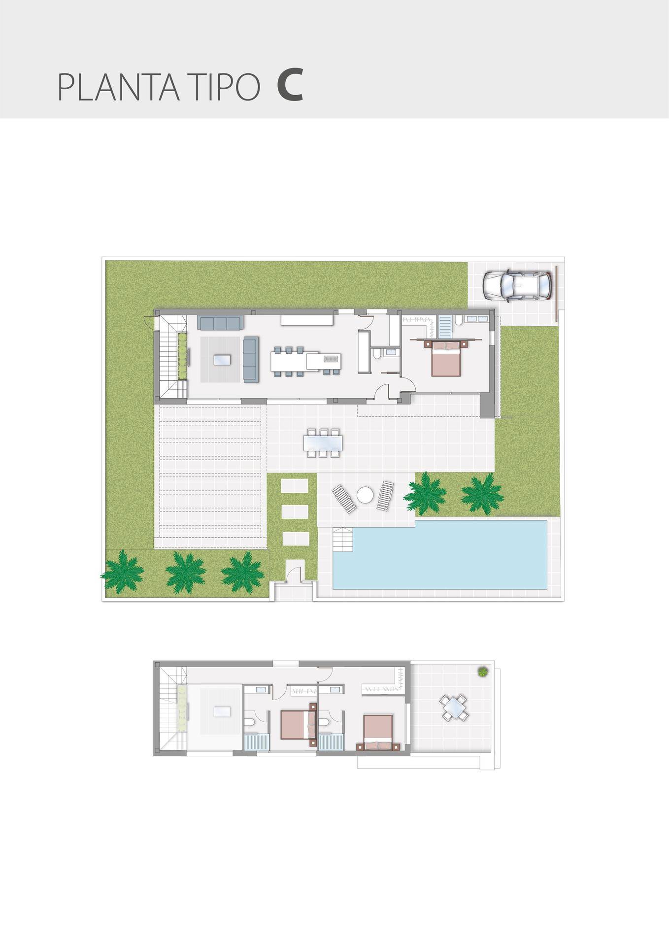Grundriss des Hauses mit Garten, Pool und Parkplatz.