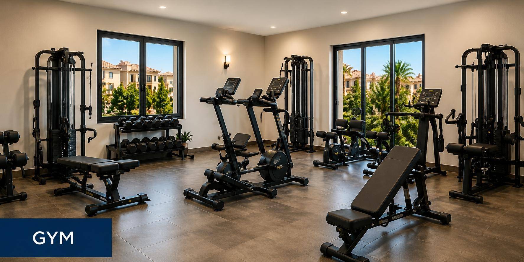Moderner Fitnessraum mit verschiedenen Trainingsgeräten, Hanteln und großen Fenstern.