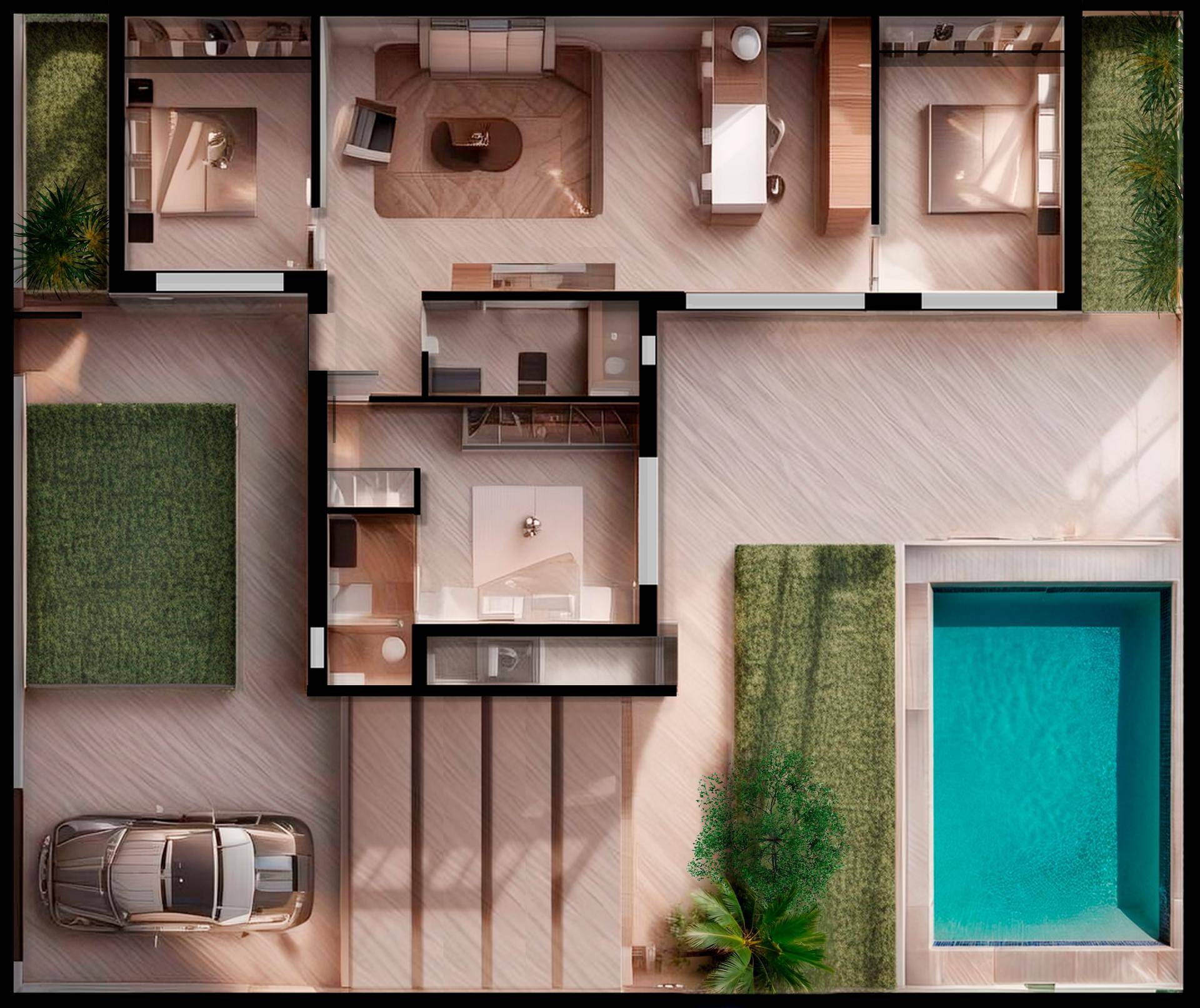Detaillierter Grundriss des Hauses mit Zimmeraufteilung, Pool und Außenbereichen.