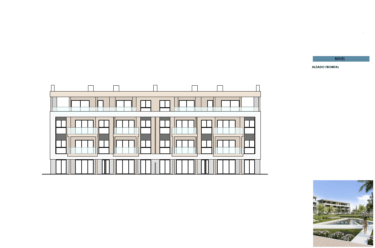 Architektonische Ansicht der Gebäudefassade mit Balkonen und großen Fenstern.