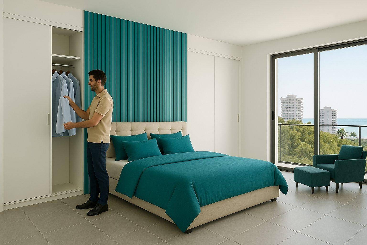 Modernes Schlafzimmer mit integriertem Kleiderschrank, Meerblick und Zugang zu einem Balkon.