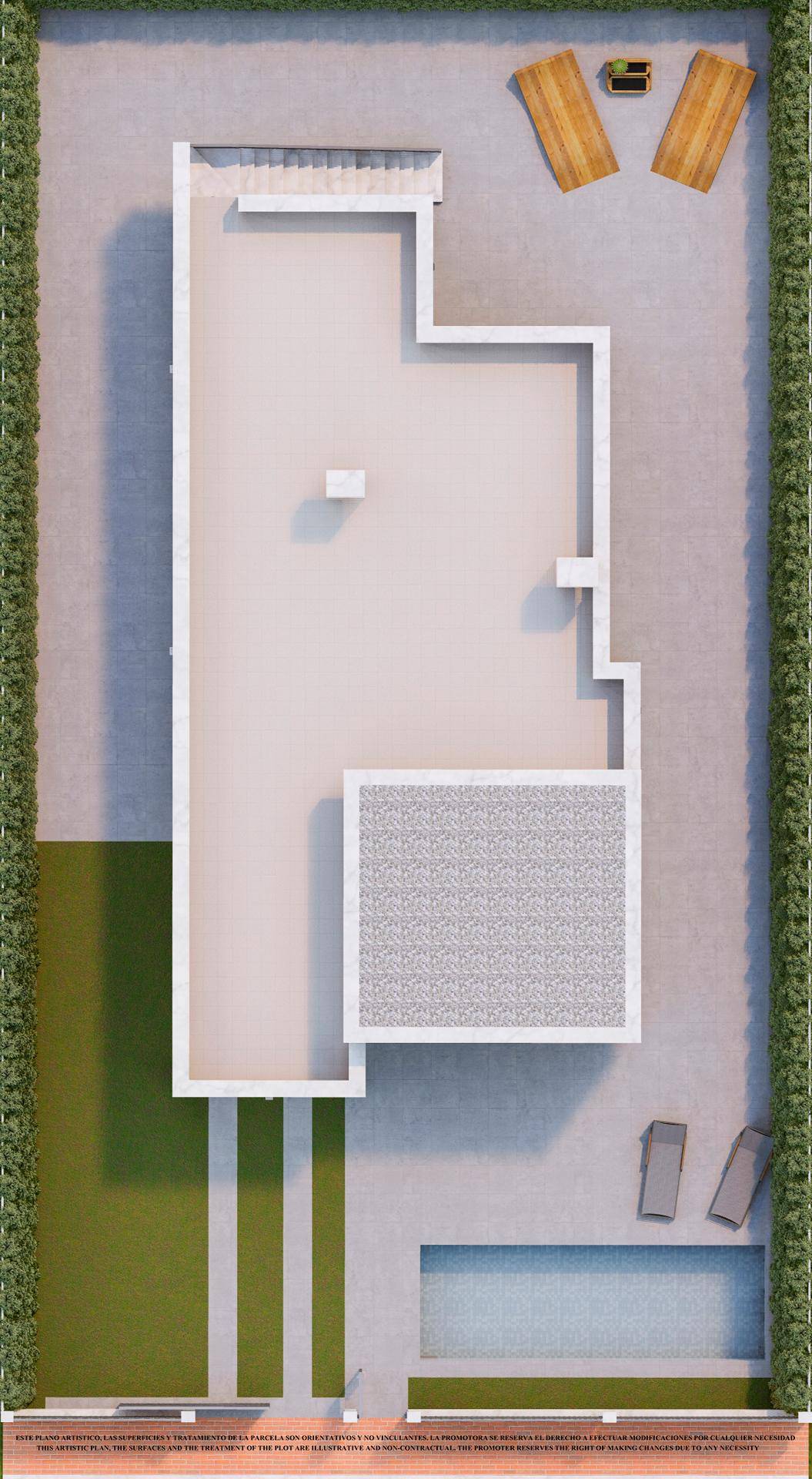 Draufsicht des Grundstücks mit Haus, Pool und Gartenbereich.