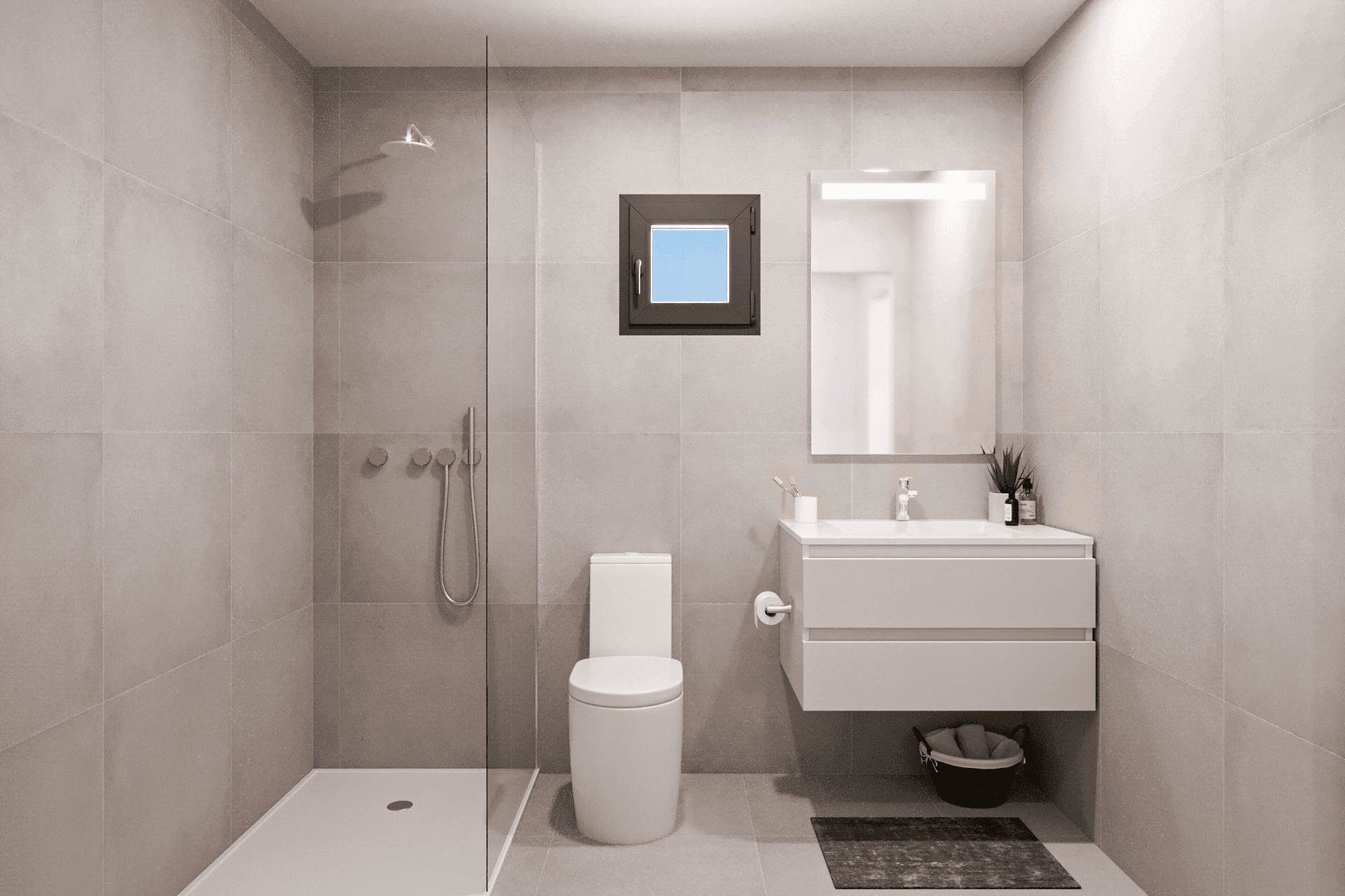 Helles Badezimmer mit großer Dusche, modernem Waschtisch, Fenster und Fliesen in neutralen Farben.