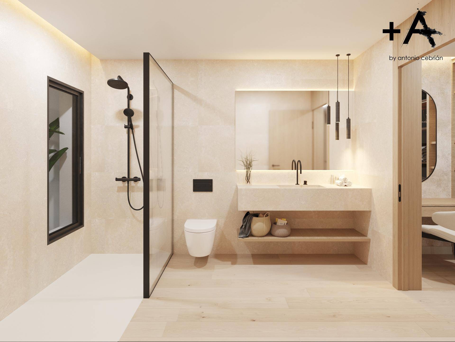 Zeitgenössisches Badezimmer mit großer Dusche, schwebendem Waschtisch und elegantem Spiegel.