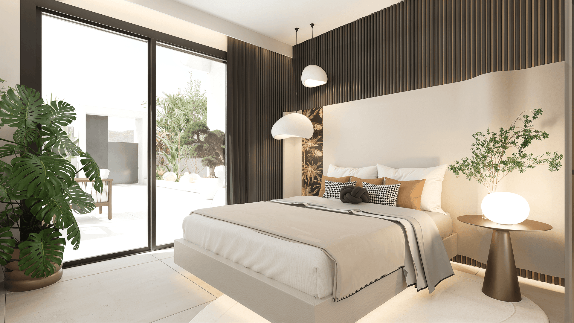 Modernes Schlafzimmer mit stilvollem Bett, dunkler Akzentwand und großen Fenstern zum Außenbereich.