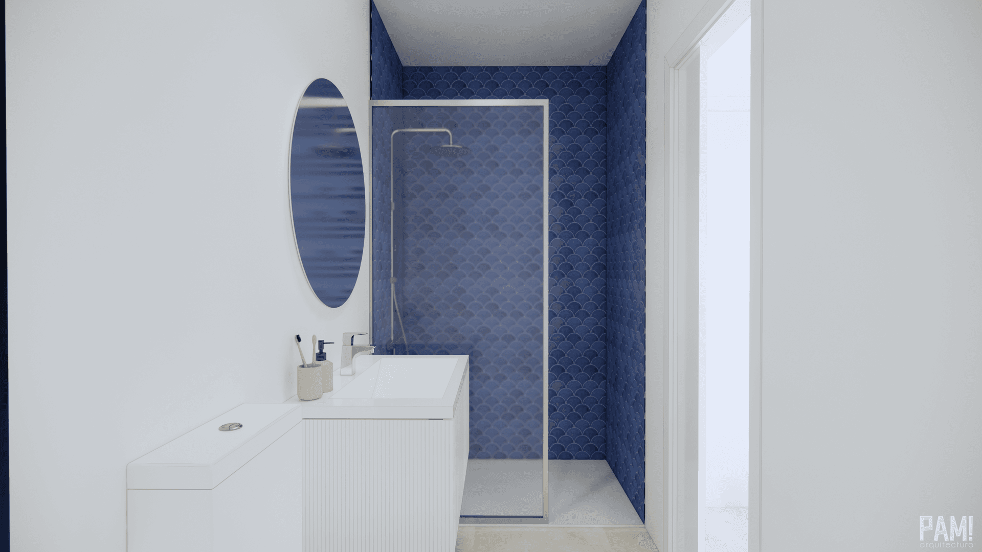 Modernes Badezimmer mit Duschkabine, Waschbecken und blauen Schuppenfliesen.