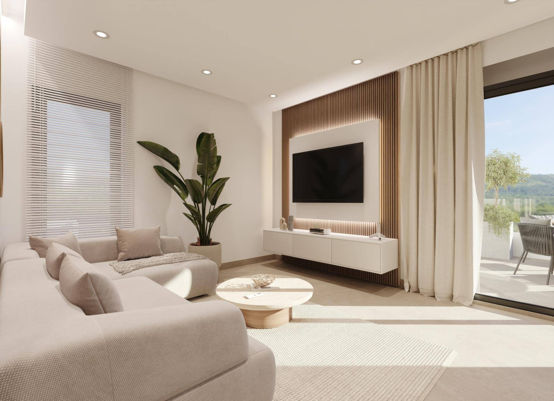 Helles Wohnzimmer mit modernem Sofa, Medieneinheit und Zugang zur Außenterrasse.