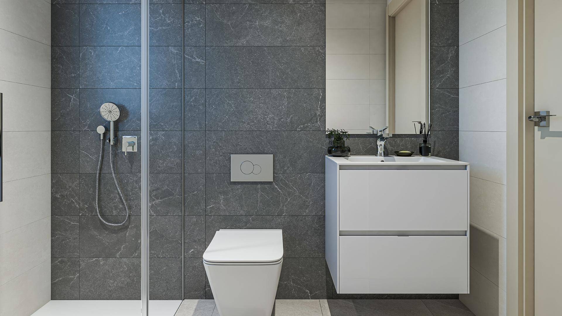 Modernes Badezimmer mit dunklen Fliesen, schwebendem Waschtisch und ebenerdiger Dusche.