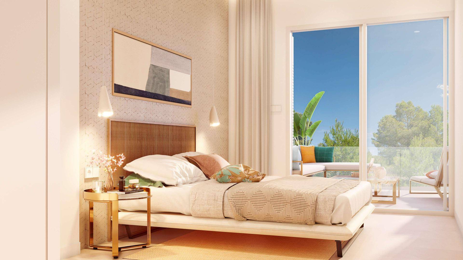 Modernes Schlafzimmer mit großem Bett, stilvoller Dekoration und direktem Zugang zum Balkon.