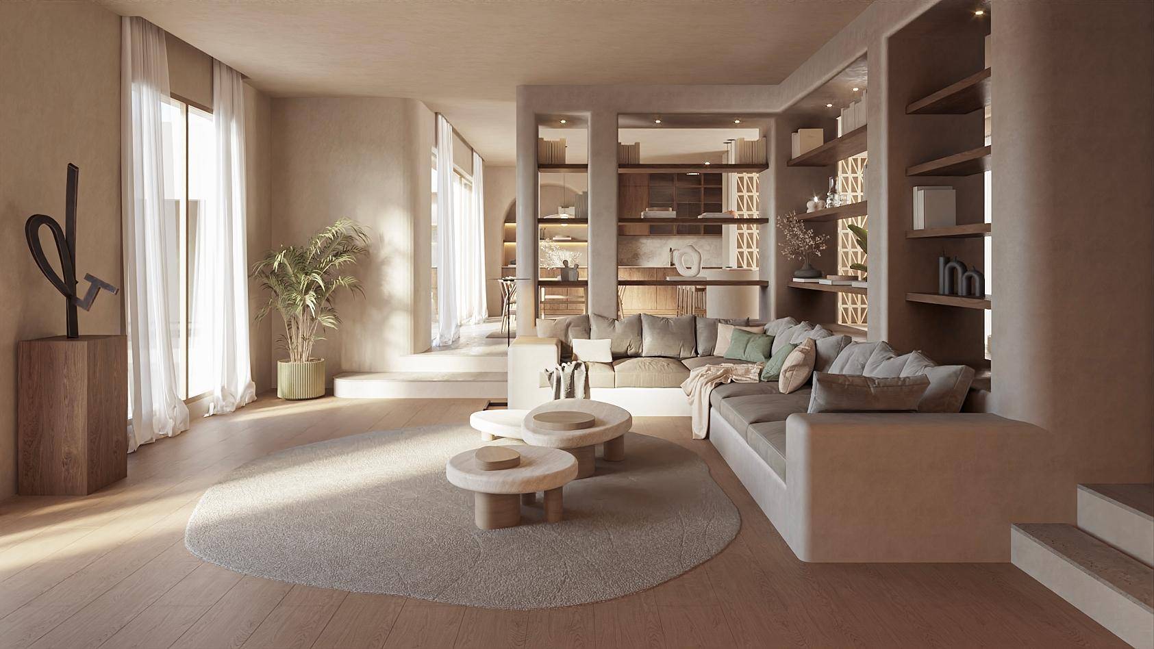 Weitläufiges Wohnzimmer mit Holzboden, runden Couchtischen und großen Fenstern für viel Licht.