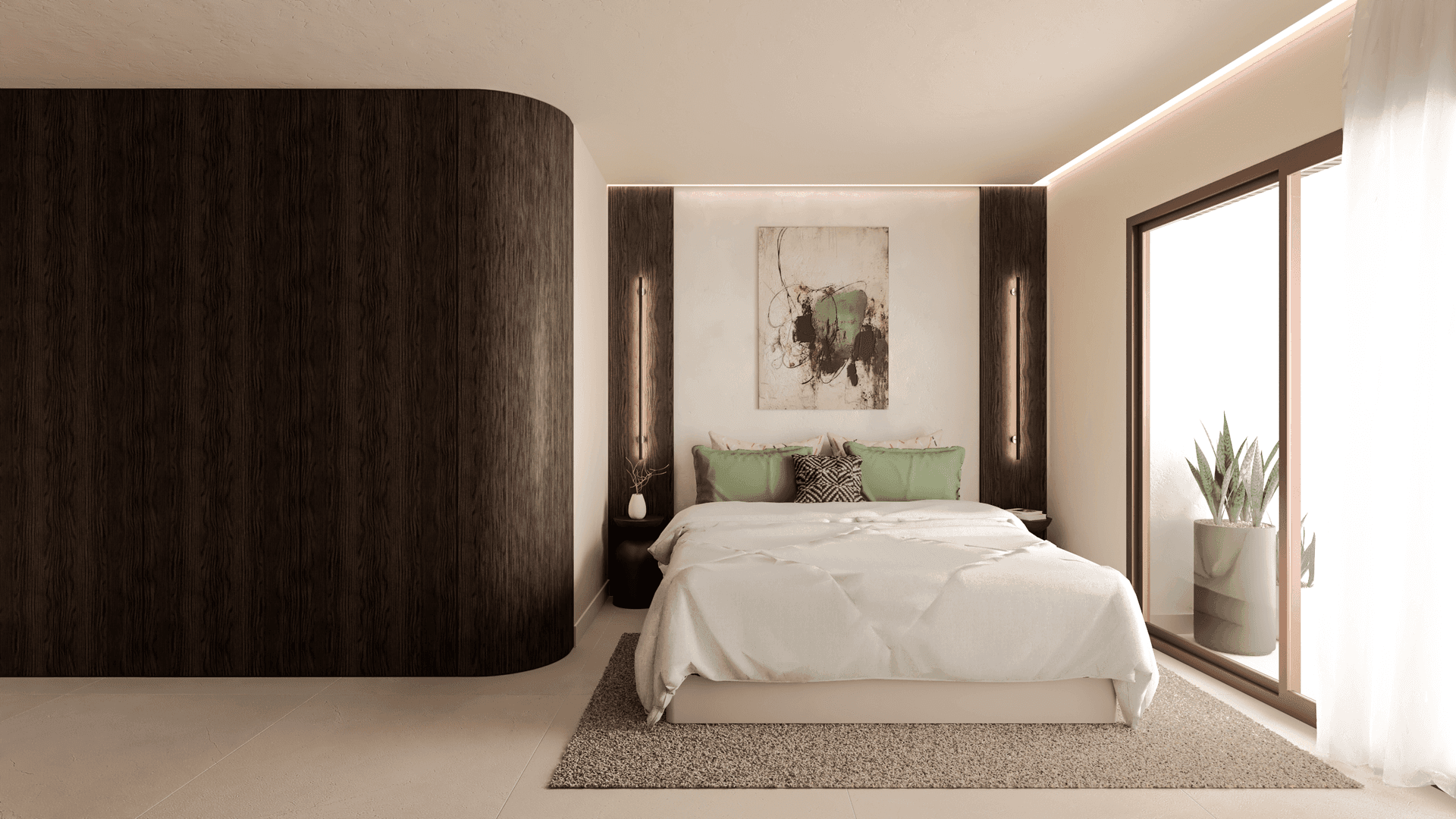 Modernes Schlafzimmer mit dunkler Holzwand, großem Bett und Zugang zu einem Balkon.