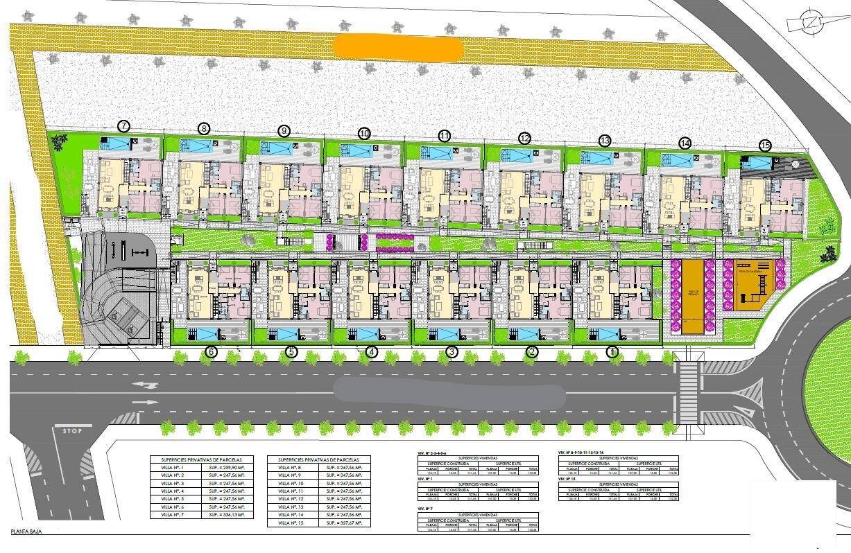 Übersichtsplan der Wohnanlage mit mehreren Villen, Straßen und Grünflächen.
