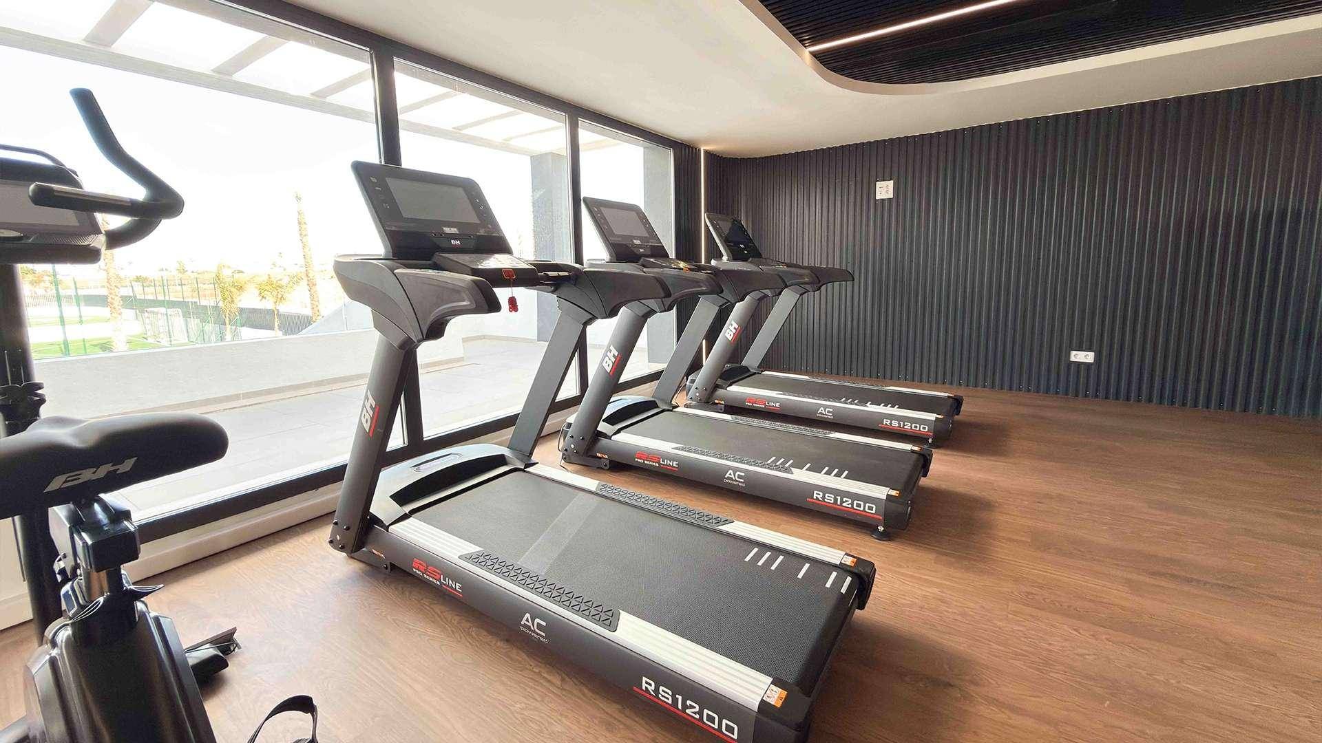 Reihe von Laufbändern und Fitnessgeräten in einem hellen Fitnessraum mit großen Fenstern.