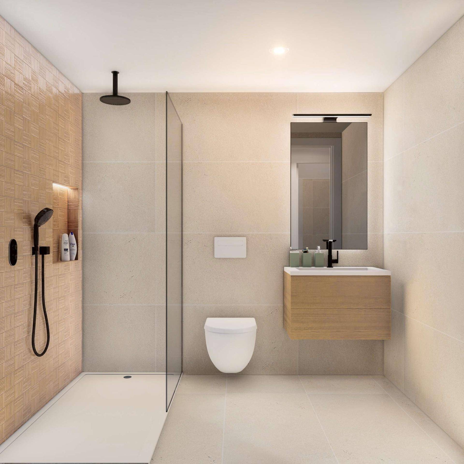 Modernes Badezimmer mit ebenerdiger Dusche, Hänge-WC und Holzwaschtisch.
