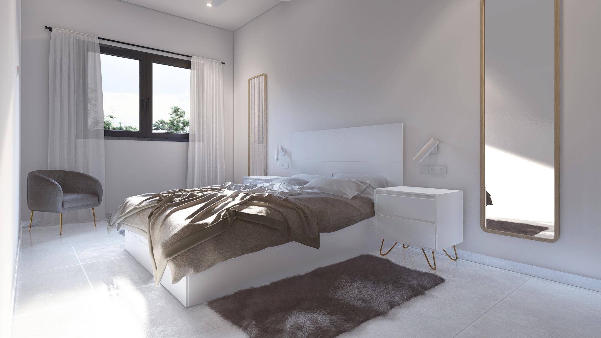 Helles Schlafzimmer mit modernem Bett, Fliesenboden und großen Spiegeln.