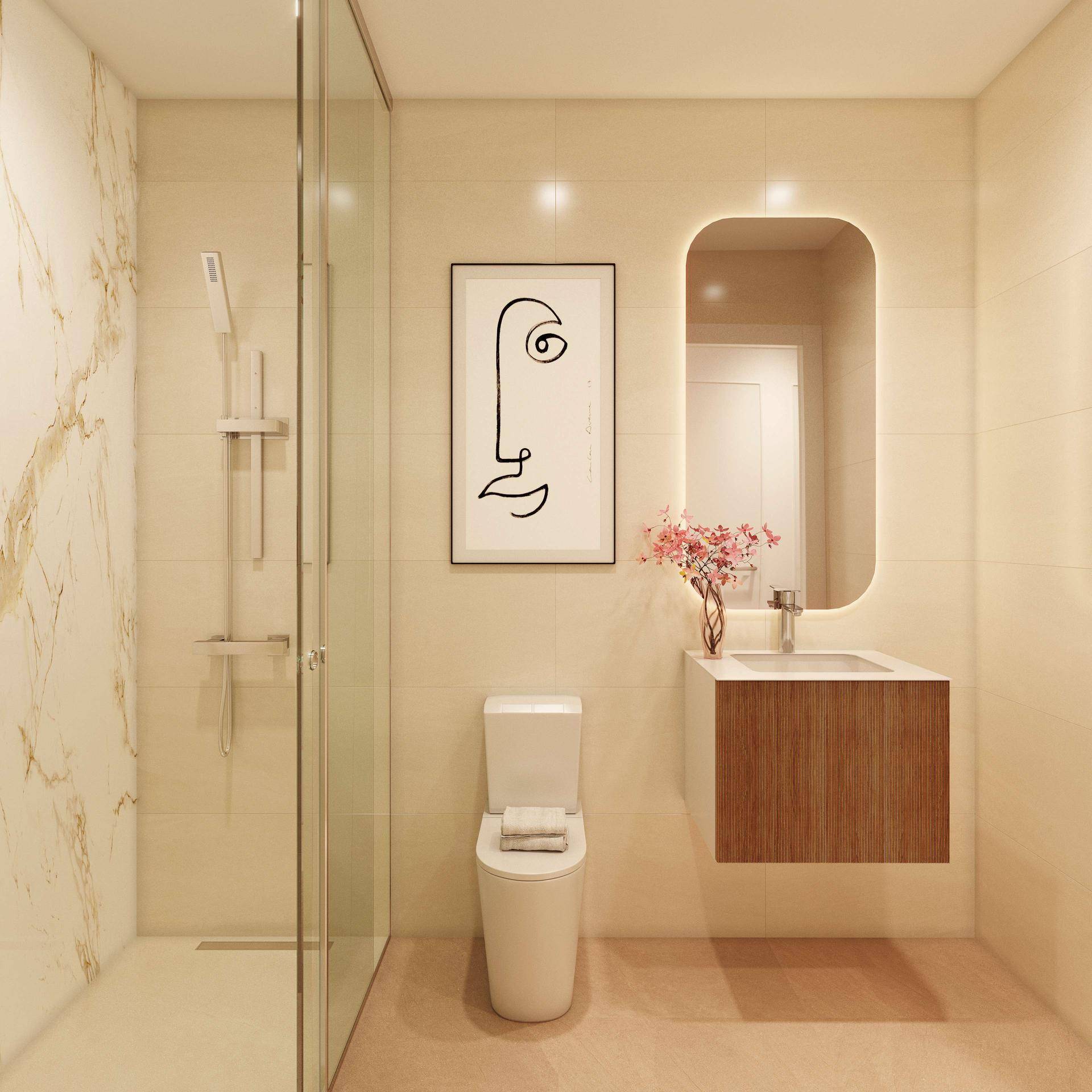 Modernes Badezimmer mit begehbarer Dusche, wandhängendem WC und elegantem Waschtisch.