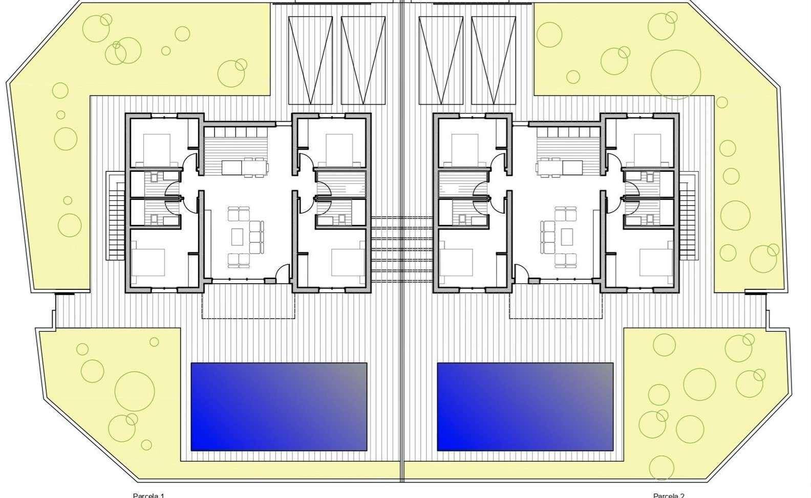 Grundrissplan von zwei identischen Wohneinheiten mit jeweils eigenem Pool und Gartenbereich.