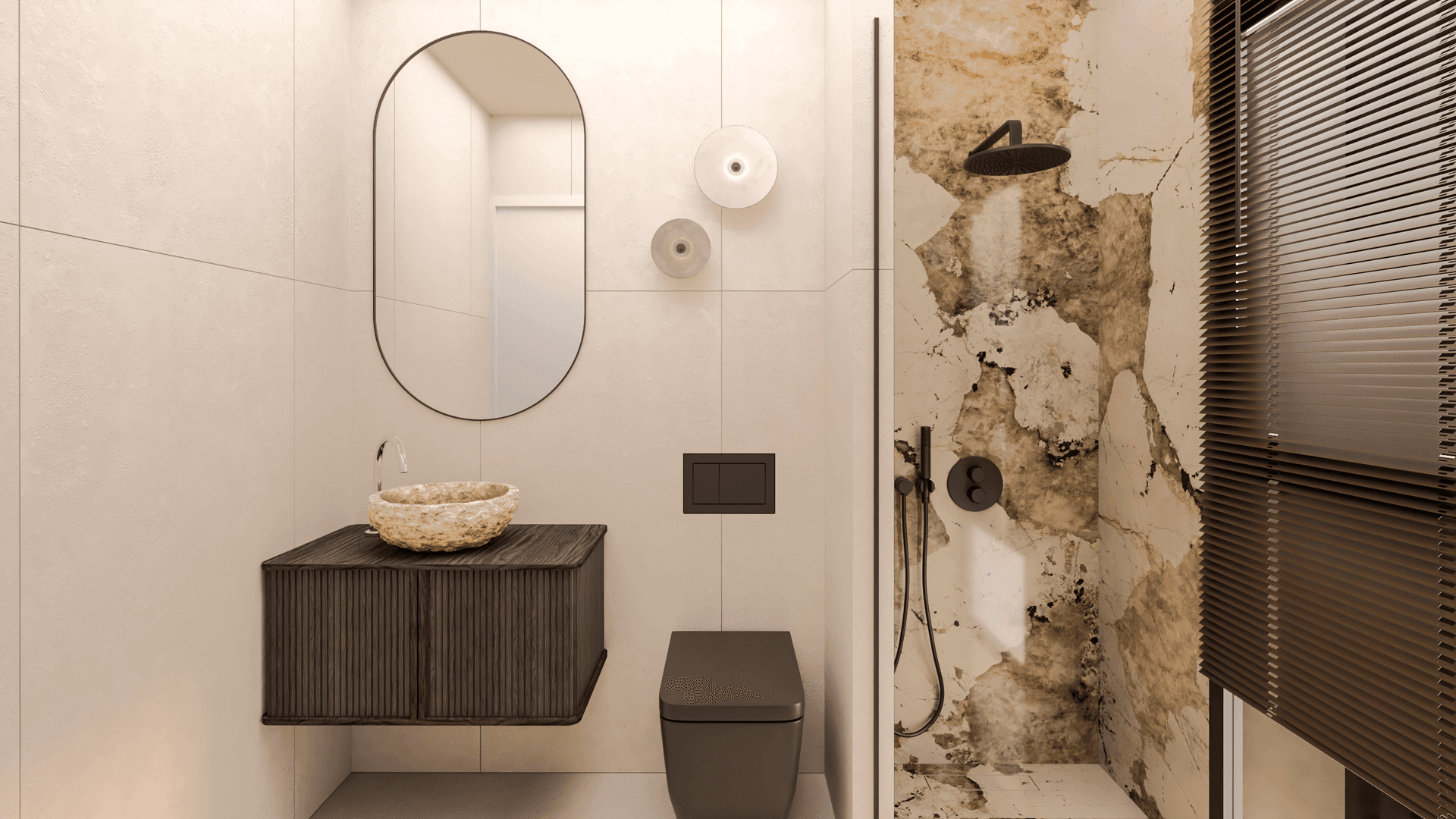 Modernes Badezimmer mit runden Spiegeln, einzigartigem Waschbecken und begehbarer Dusche.