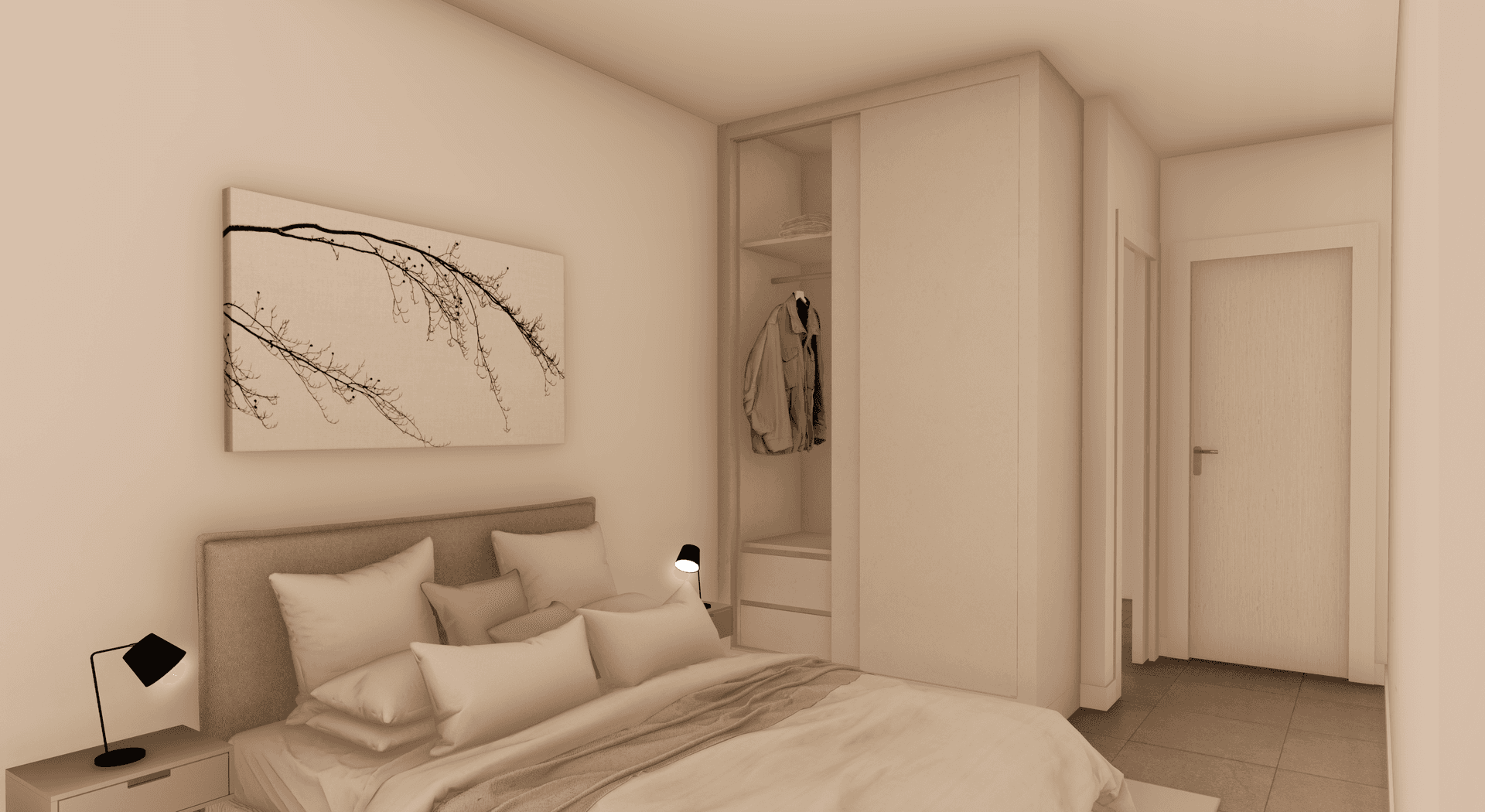 Helles Schlafzimmer mit Doppelbett, Einbauschrank und moderner Dekoration.