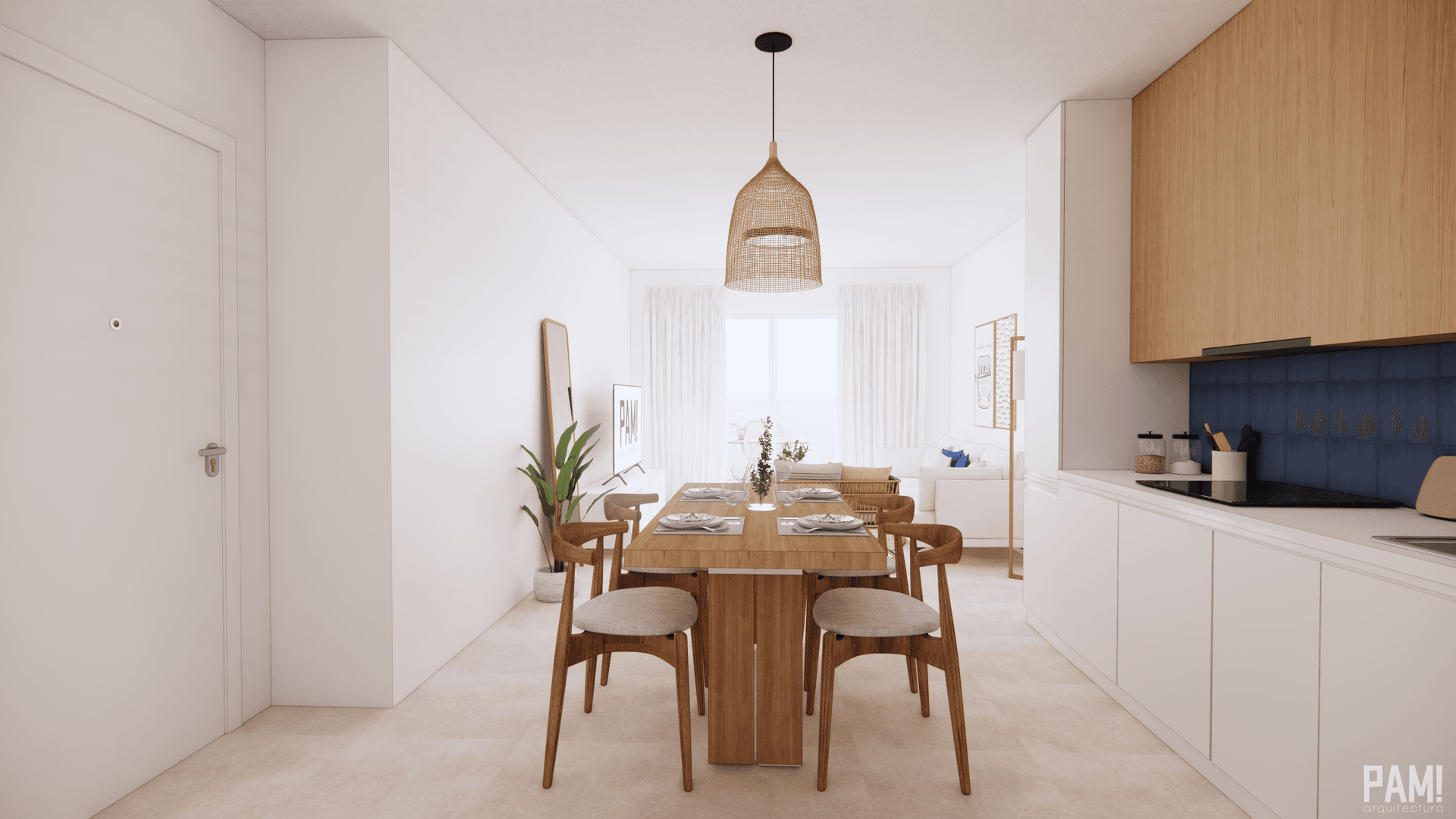 Offener Wohn-Essbereich mit integrierter Küche und modernem Interieur.