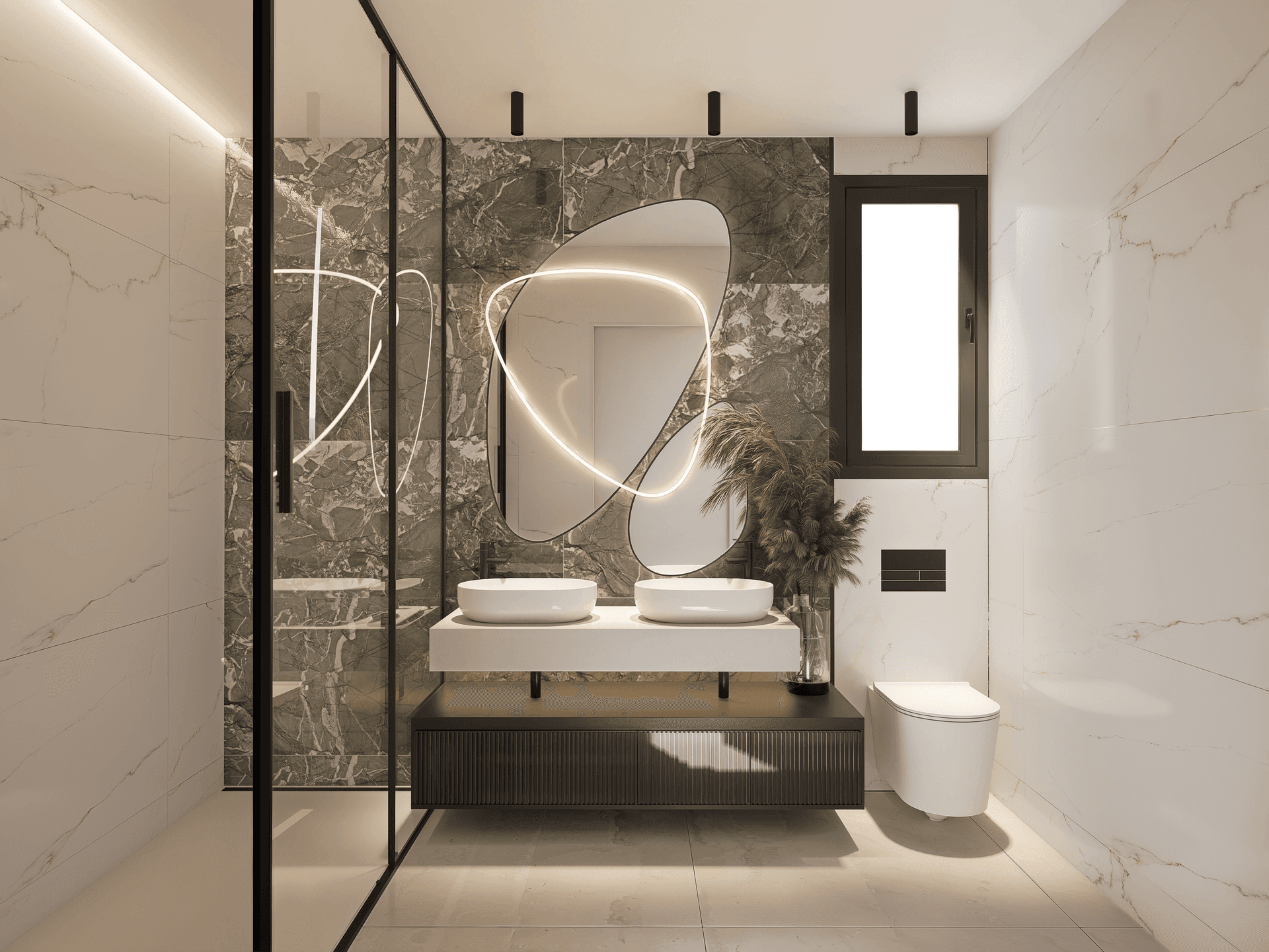 Luxuriöses Badezimmer mit doppelten Waschbecken, großer Dusche und eleganten Marmoroberflächen.