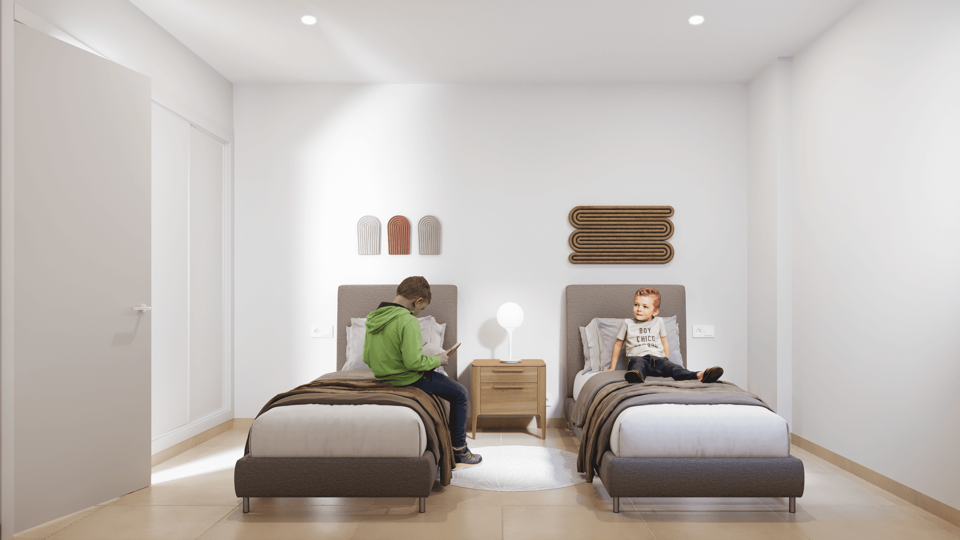 Kinderzimmer mit zwei Einzelbetten und minimalistischer Wanddekoration.