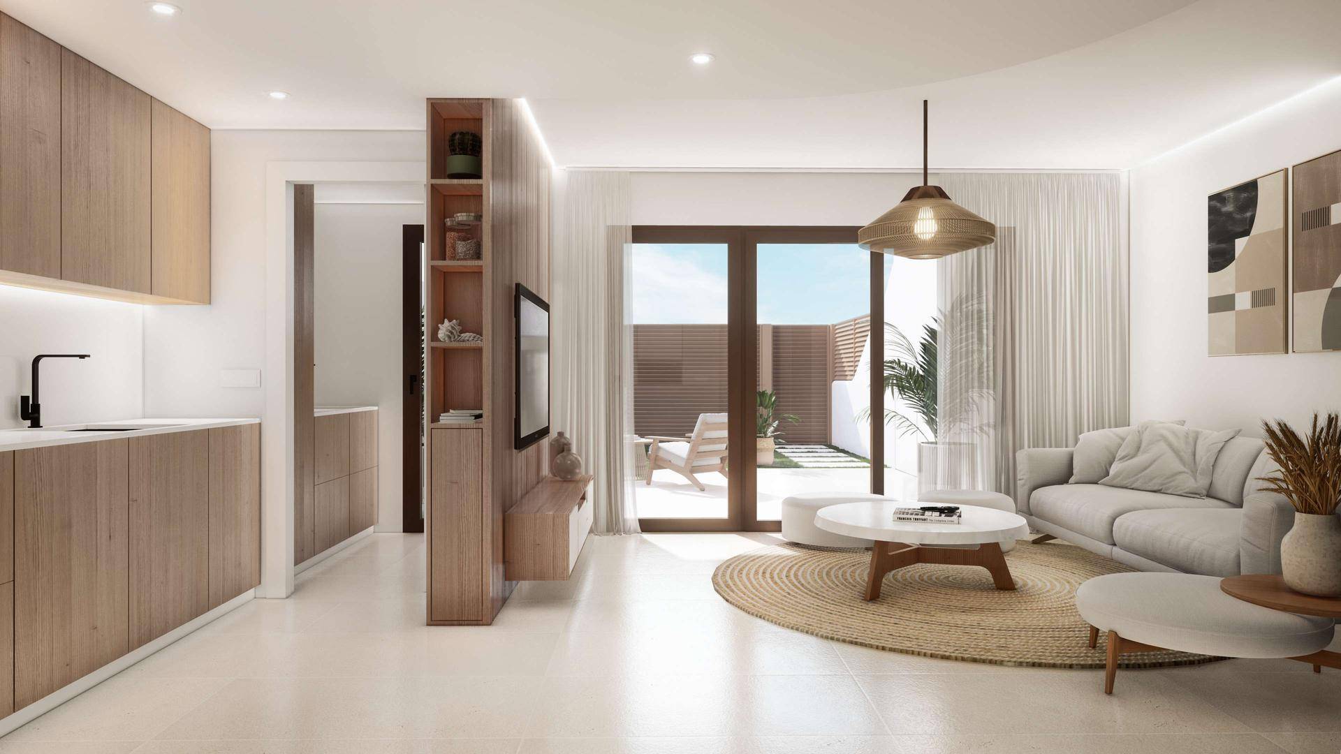 Modernes Wohnzimmer mit hellem Interieur und Zugang zur Terrasse.