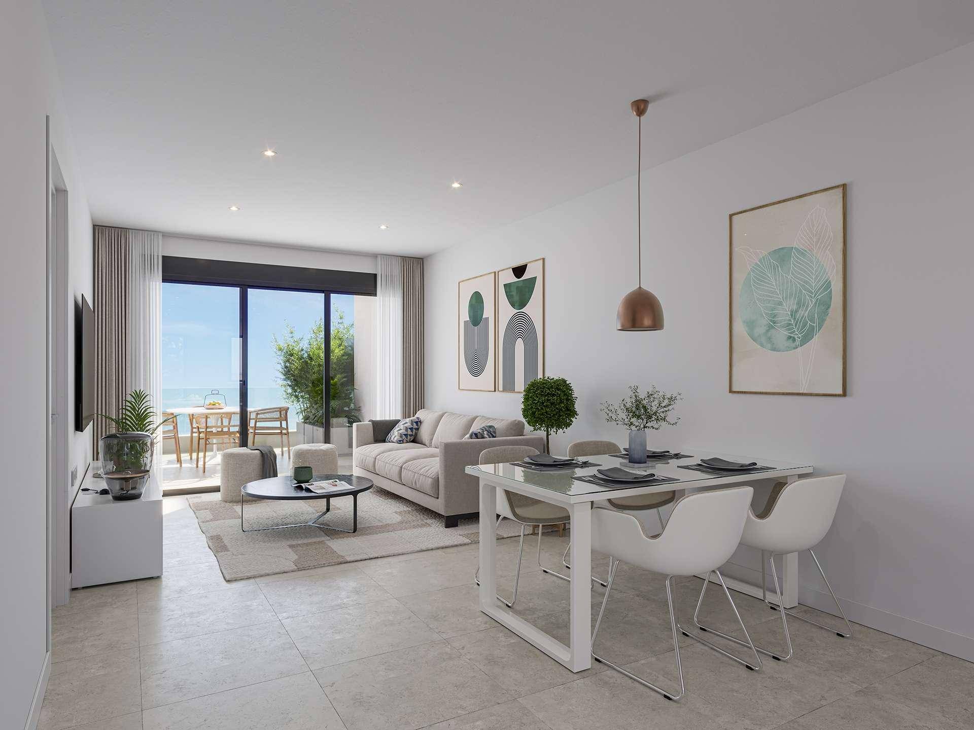 Heller Wohn- und Essbereich mit modernem Design, Fliesenboden und direktem Zugang zur Terrasse mit Meerblick.