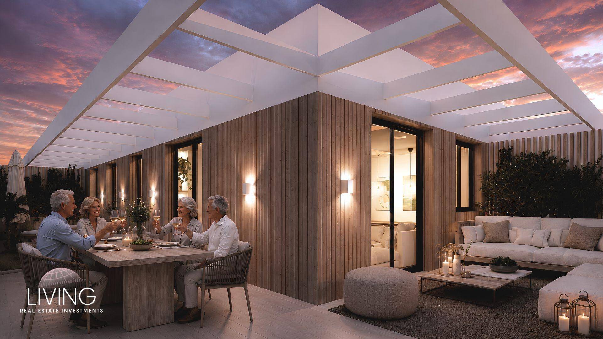 Geräumige Dachterrasse mit Essbereich und Lounge-Möbeln, ideal für abendliche Zusammenkünfte.