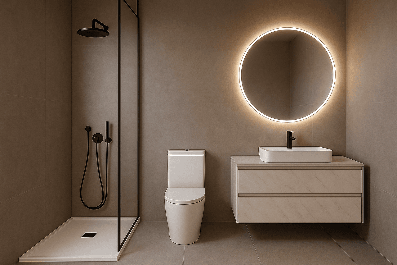 Modernes Badezimmer mit grauen Fliesen, ebenerdiger Dusche und beleuchtetem Spiegel.
