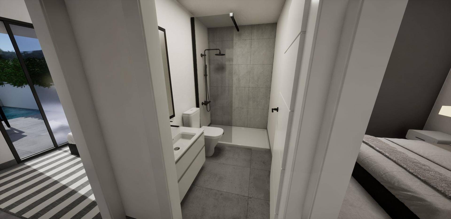 Modernes Badezimmer mit ebenerdiger Dusche, WC und Waschbecken, vom Schlafzimmer aus sichtbar.