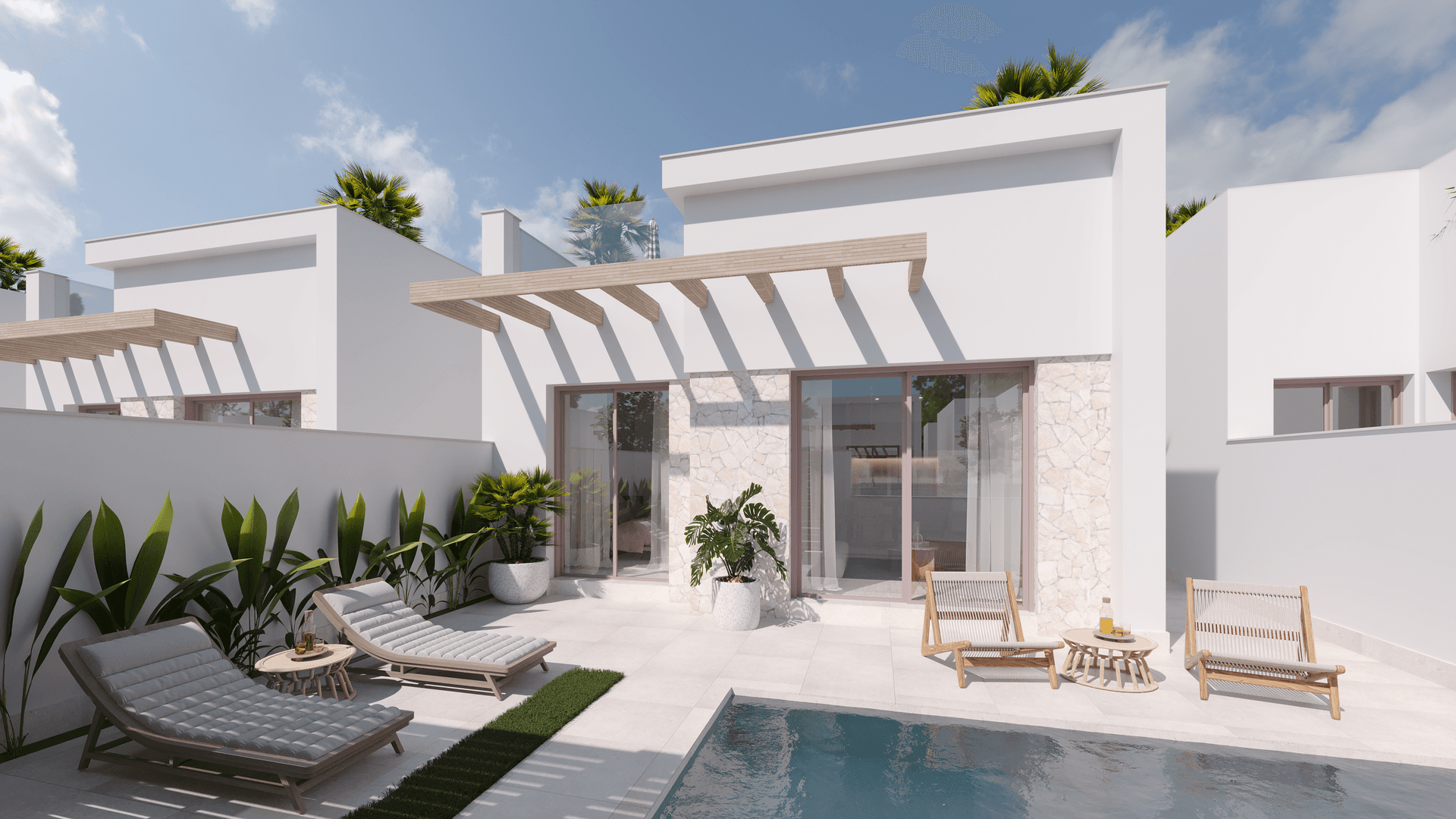 Moderne Terrasse mit privatem Pool, Liegestühlen und mediterraner Bepflanzung.