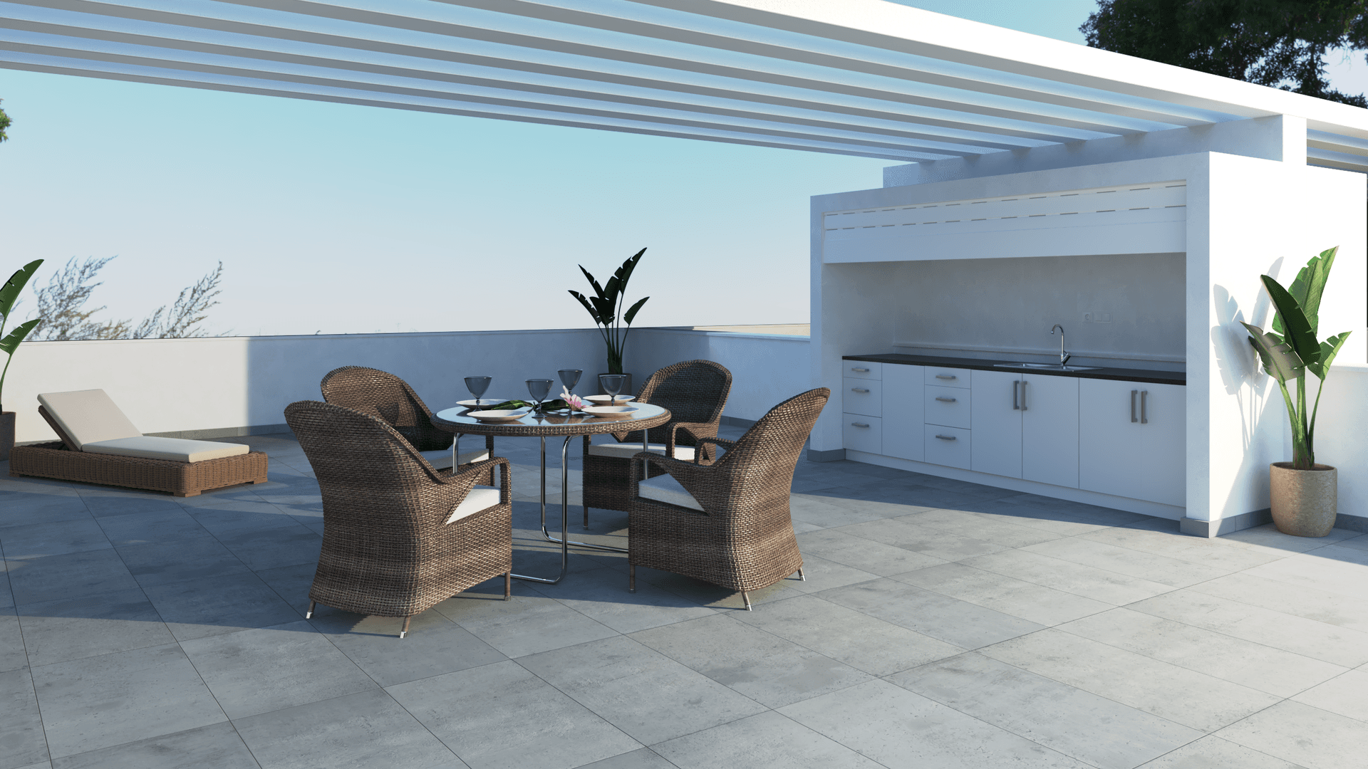 Geräumige Dachterrasse mit Essbereich, integrierter Außenküche und schattenspendender Pergola.