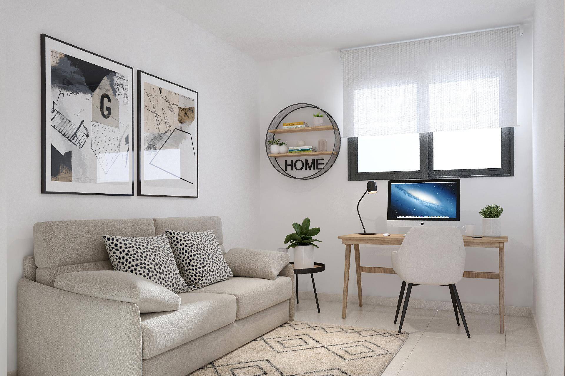 Helles Arbeitszimmer mit Schreibtisch, Sofa und Blick nach draußen.
