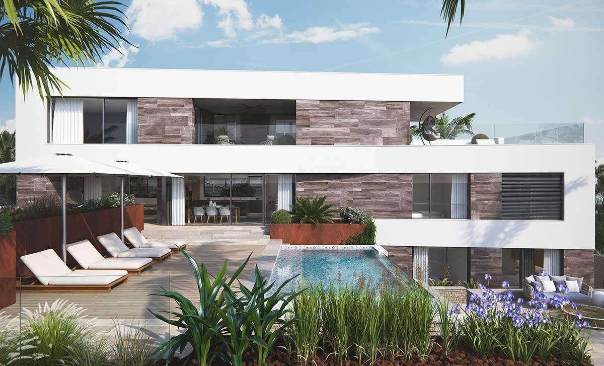 Elegante Villa mit Infinity-Pool, weitläufiger Terrasse und luxuriösen Sonnenliegen unter Palmen.
