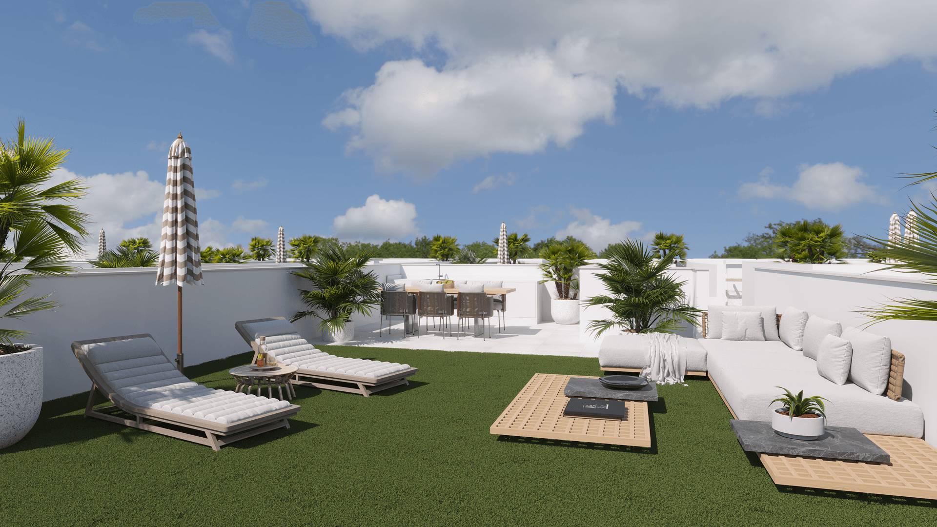 Geräumige Dachterrasse mit Kunstrasen, Essbereich und Sonnenliegen unter blauem Himmel.