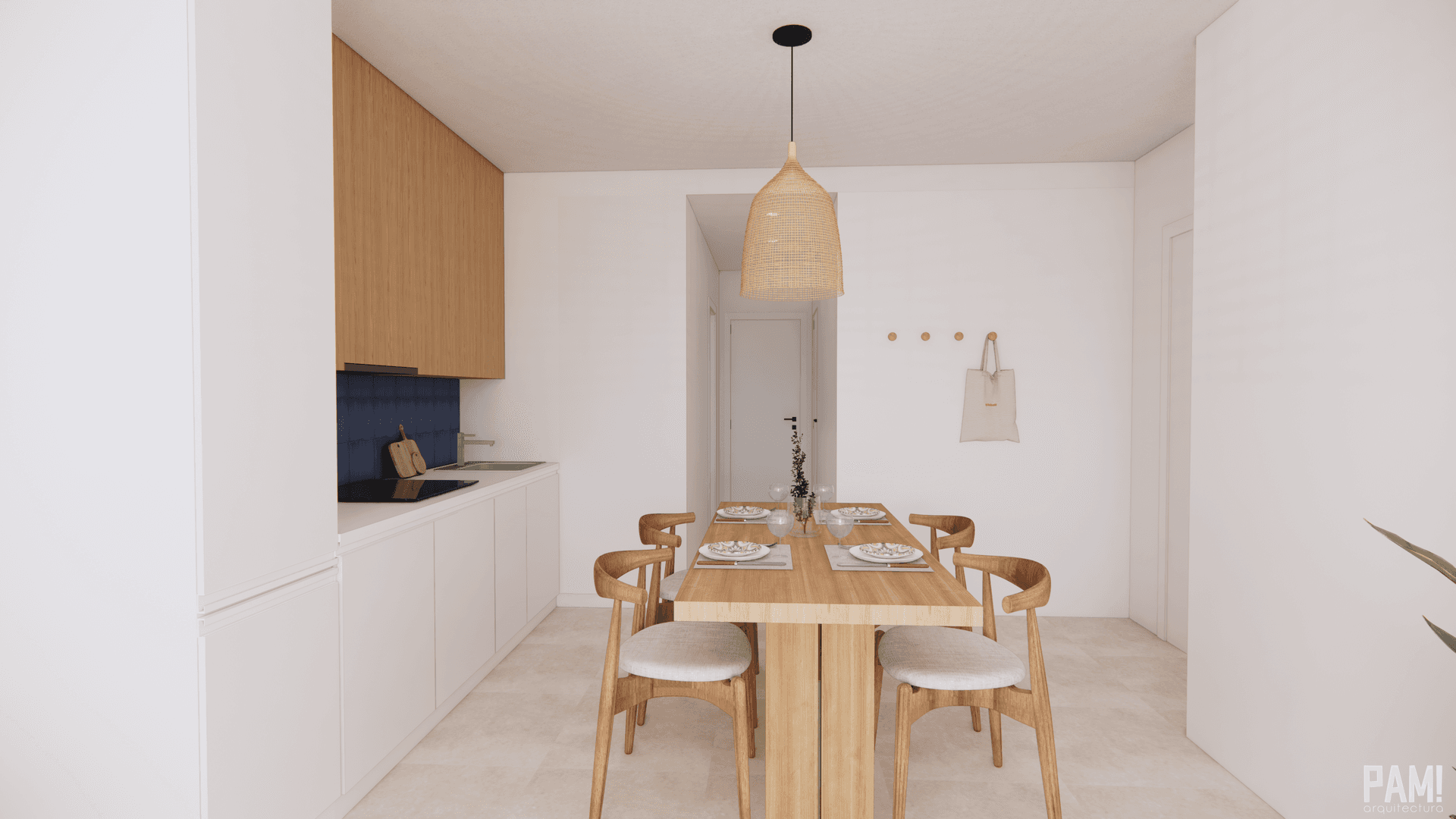 Moderne Küche mit Holzakzenten und Essbereich mit Rattanlampe.