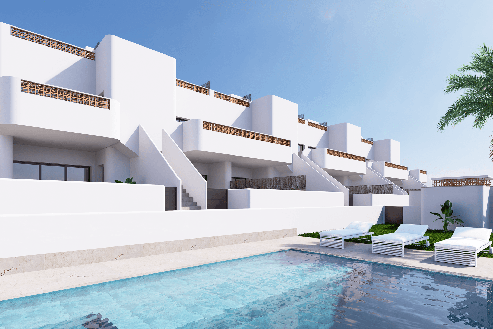 Moderne Reihenhäuser mit weißer Fassade und einem erfrischenden Swimmingpool im Außenbereich.